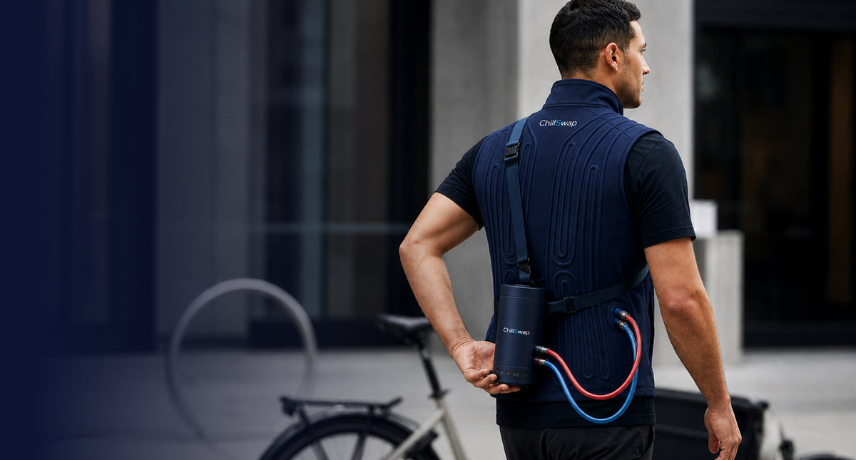 A person wearing the ChillSwap personal cooling system